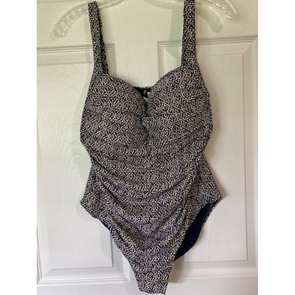 Nip Tuck Swim Geometric Foil Ruched One-Piece Swimsuit 12 Multi Fit Cup Navy